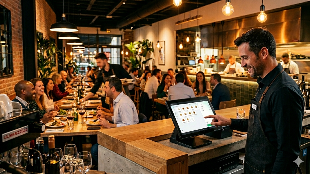 Camarero usando un TPV táctil en la barra de un restaurante lleno durante el servicio