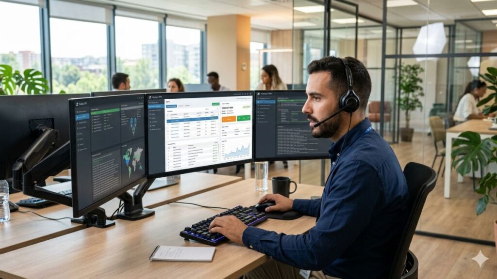 Técnico de soporte TPV hostelería realizando asistencia remota en tiempo real