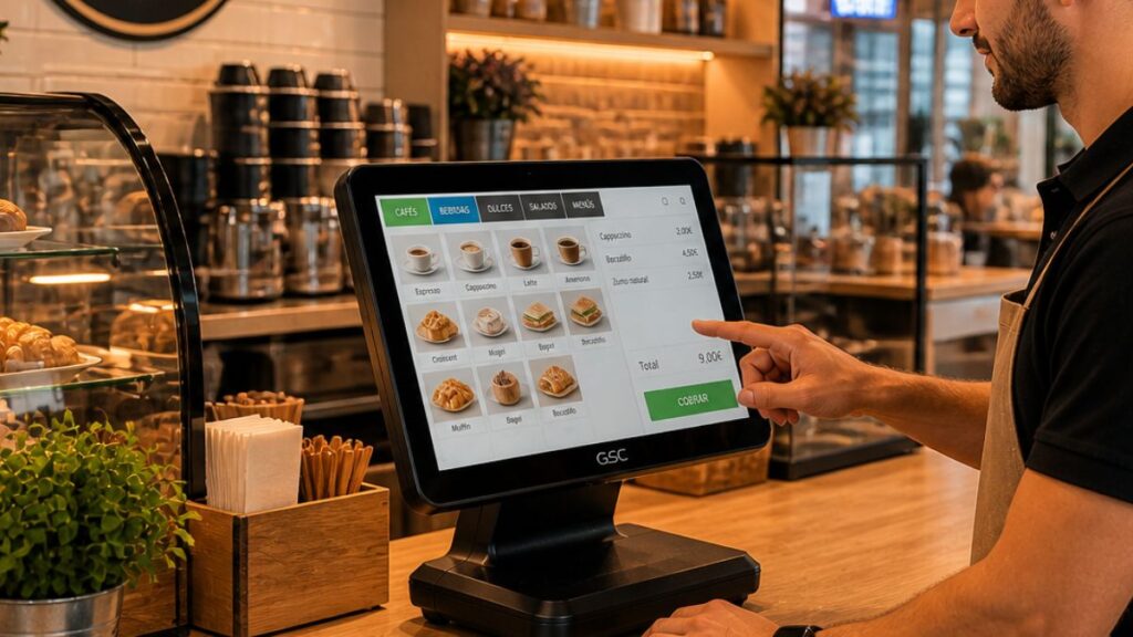 Sistema TPV en franquicia de hostelería con barista utilizando pantalla táctil para gestionar pedidos en una cafetería moderna