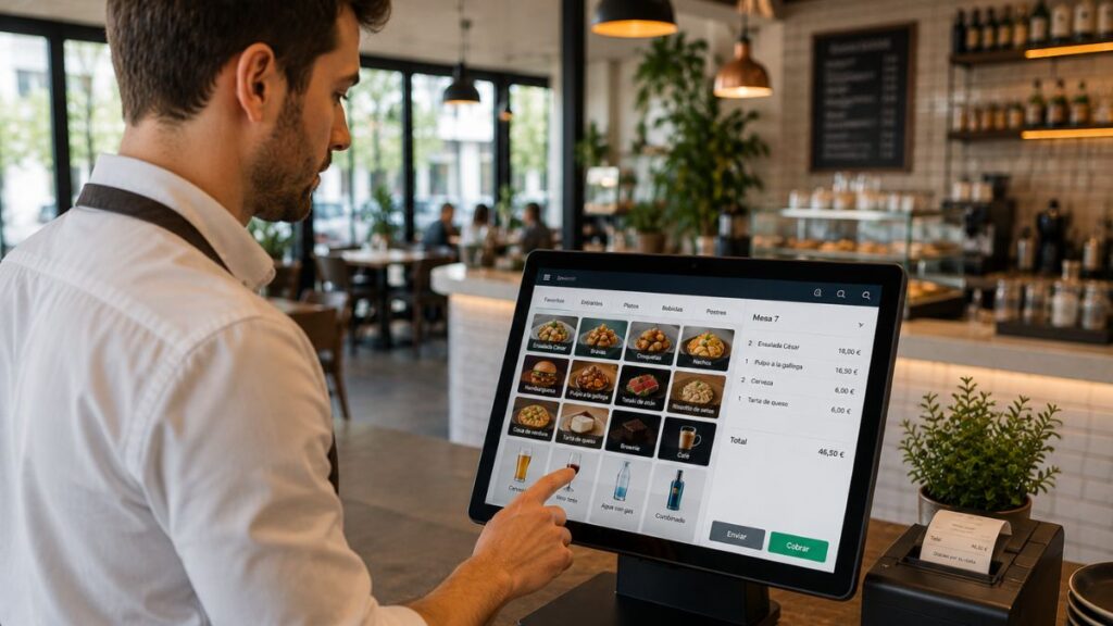 Empleado de restaurante utilizando software TPV para gestionar pedidos y mejorar la operativa del negocio