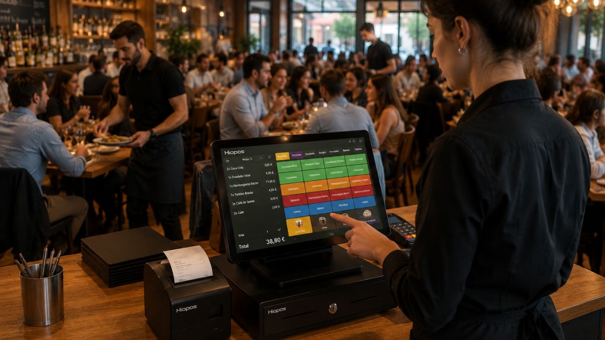 Camareros utilizando un software TPV en un restaurante lleno durante el servicio para gestionar pedidos y cobros en hostelería