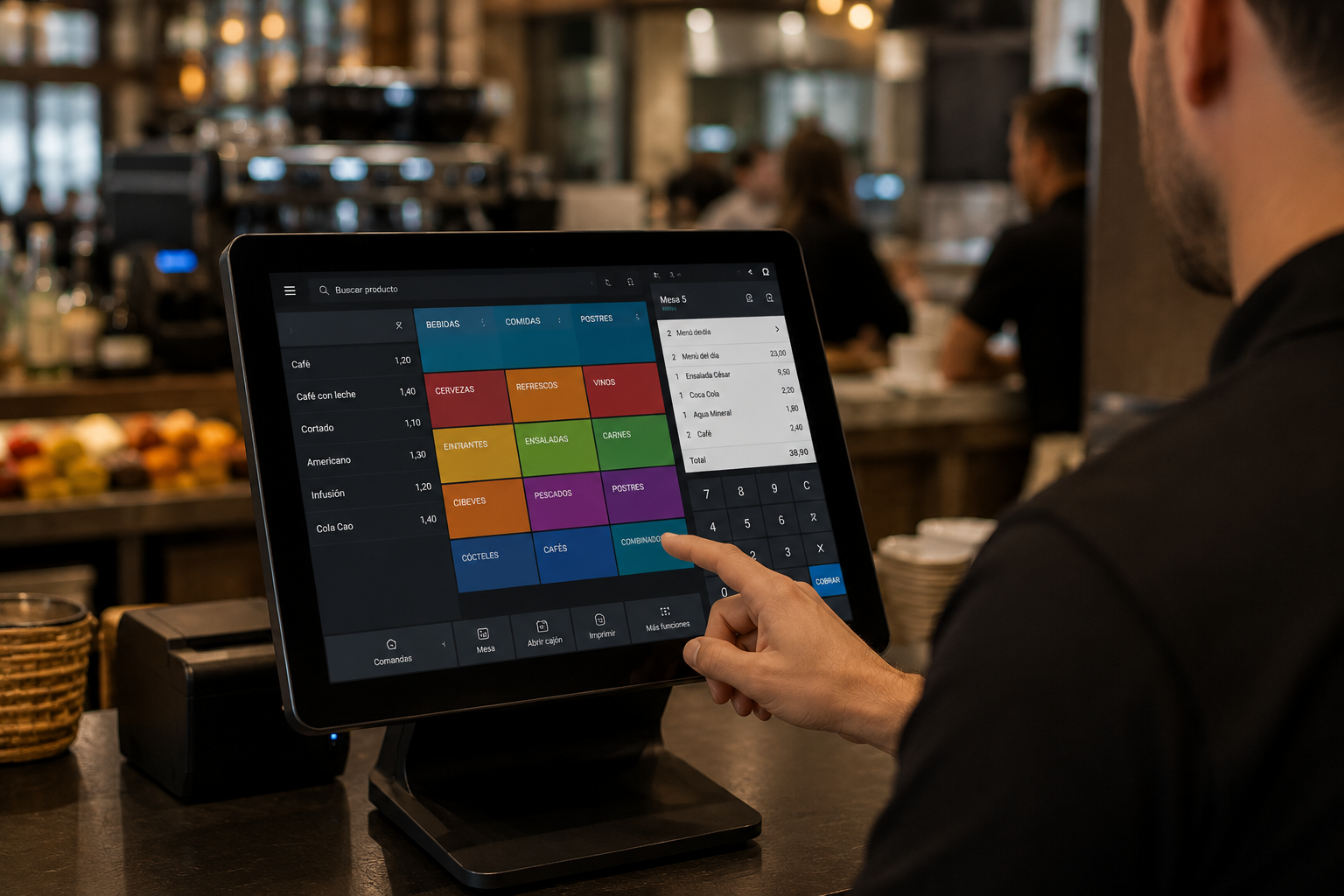 Sistema TPV para hostelería en uso en un restaurante con gestión de comandas.