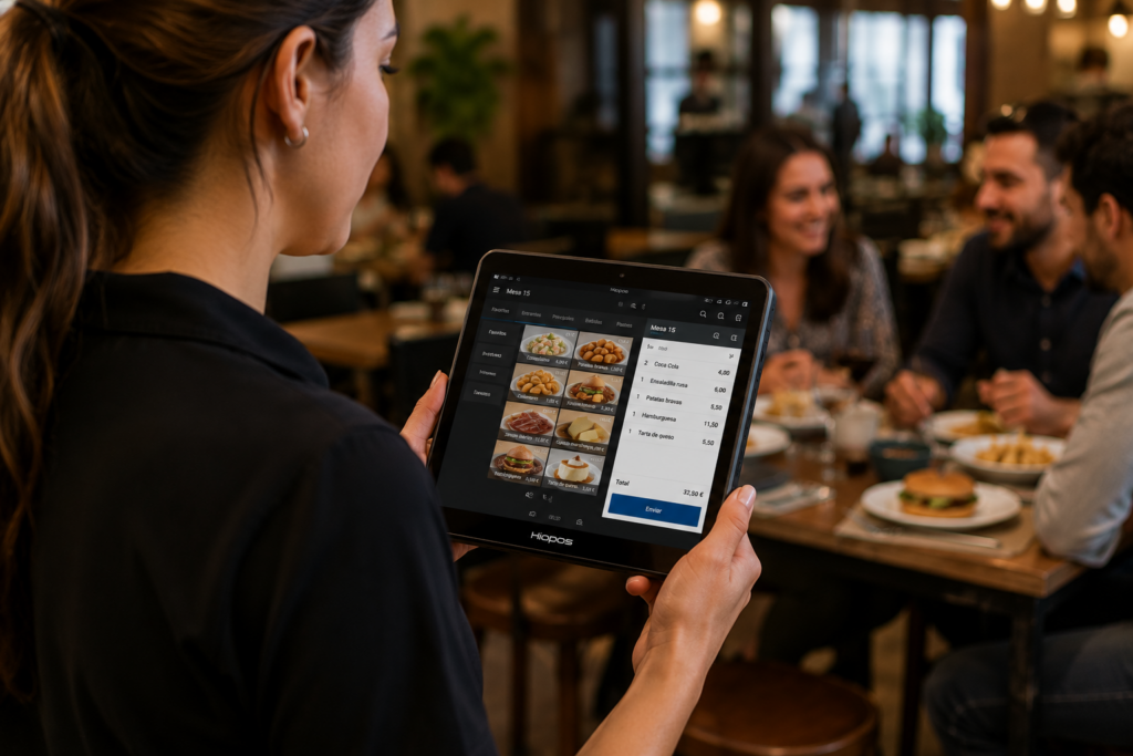 Camarera utilizando un TPV portátil para tomar pedidos en un restaurante.