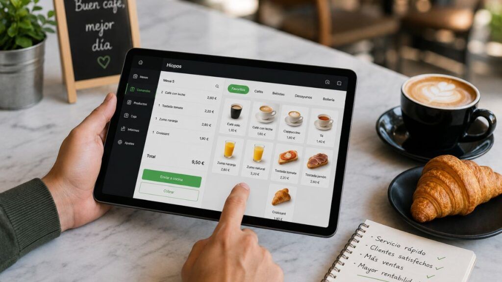 Comandero digital Hiopos para bares y cafeterías con pedidos de desayuno, cobro y gestión rápida del servicio.