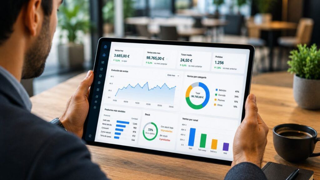 Responsable de negocio consultando en una tablet un dashboard empresarial con datos de ventas, stock y rendimiento en tiempo real.
