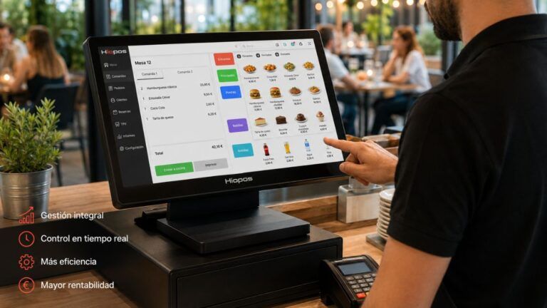 Camarero utilizando un TPV Hiopos en un restaurante para optimizar la gestión, el control y la rentabilidad del negocio.