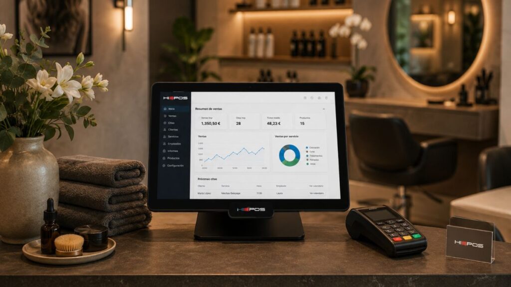 Solución Hiopos para el sector servicios en un salón de belleza, con gestión de citas, clientes, empleados, pagos e informes desde una sola plataforma.