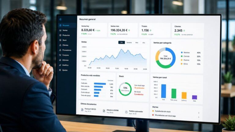 Panel de gestión empresarial con TPV, ERP y analítica integrada para controlar ventas, stock y facturación en tiempo real.