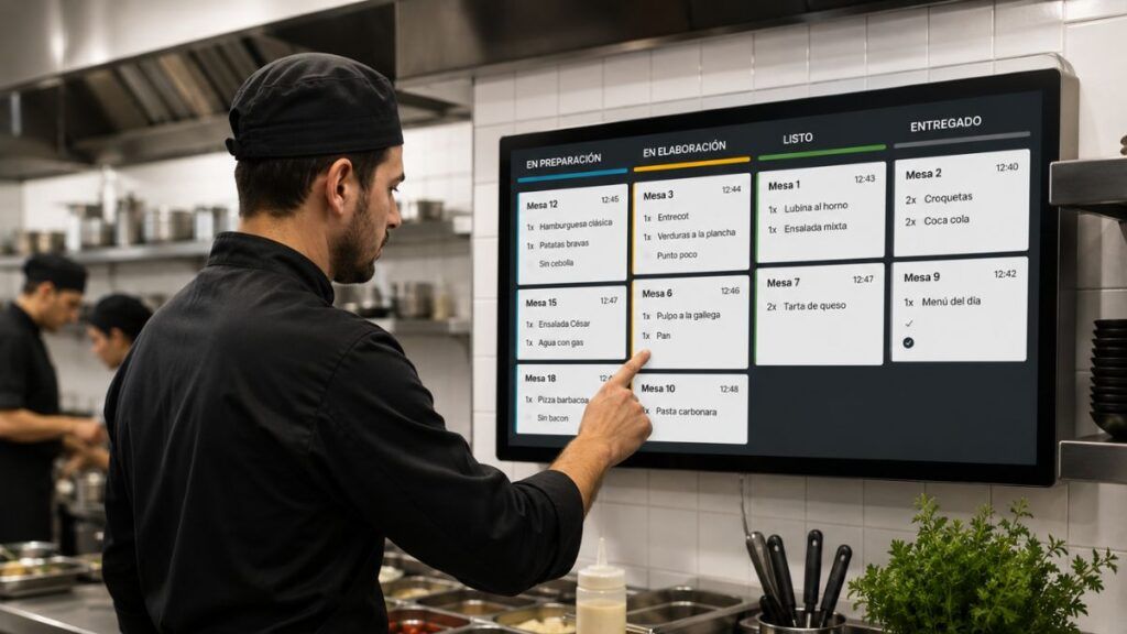 Chef utilizando una pantalla de preparación y comandero digital para reducir errores en cocina y mejorar la coordinación en un restaurante.