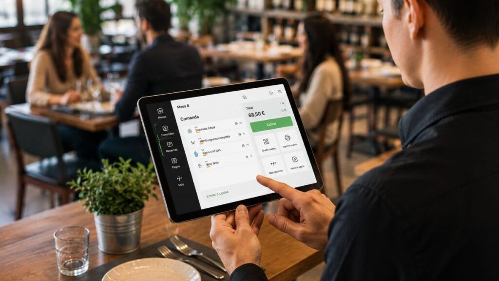 Camarero utilizando una tablet para gestionar reservas, comandas y cobros digitales en un restaurante, mejorando la experiencia en sala y la eficiencia operativa.