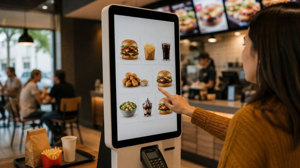 Cliente utilizando un kiosco de autoservicio en fast food para personalizar su pedido y aumentar el ticket medio.