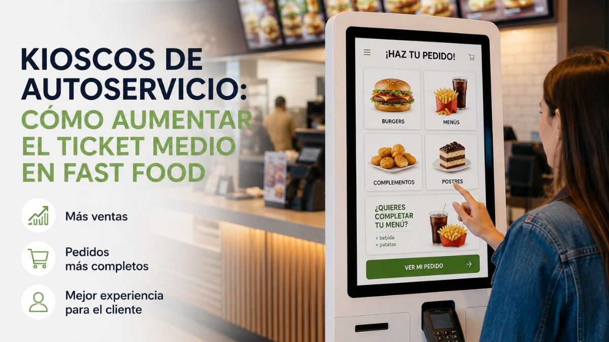 Kiosco de autoservicio en restaurante fast food para aumentar el ticket medio, mejorar la experiencia del cliente y agilizar los pedidos.