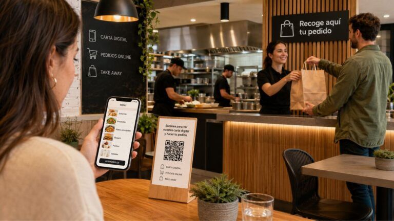 Cliente consultando una carta digital y realizando un pedido online en un restaurante con servicio take away