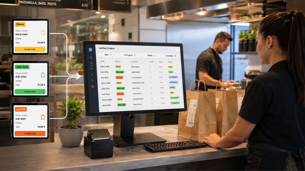 Pantalla centralizando pedidos de Glovo, Uber Eats y Just Eat en un único sistema de gestión para restaurantes