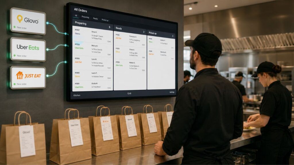 Equipo de cocina gestionando pedidos de Glovo, Uber Eats y Just Eat desde una única pantalla de control.