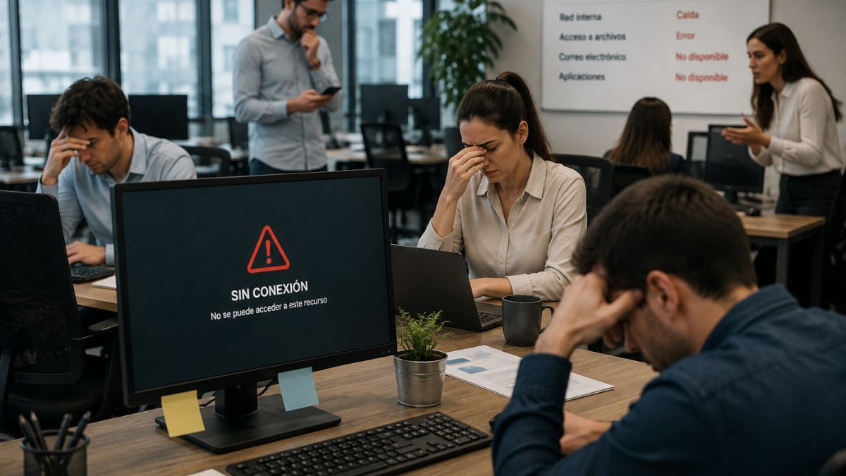 Empleados en una oficina afectados por una incidencia informática que impide acceder a los sistemas de la empresa