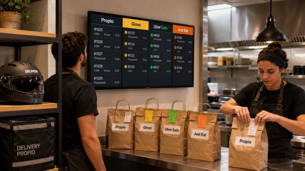 Preparación y organización de pedidos de delivery propio, Glovo, Uber Eats y Just Eat en un restaurante