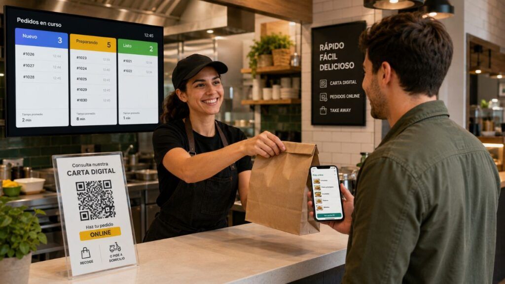 Empleado entregando un pedido take away a un cliente en un restaurante con carta digital y pedidos online