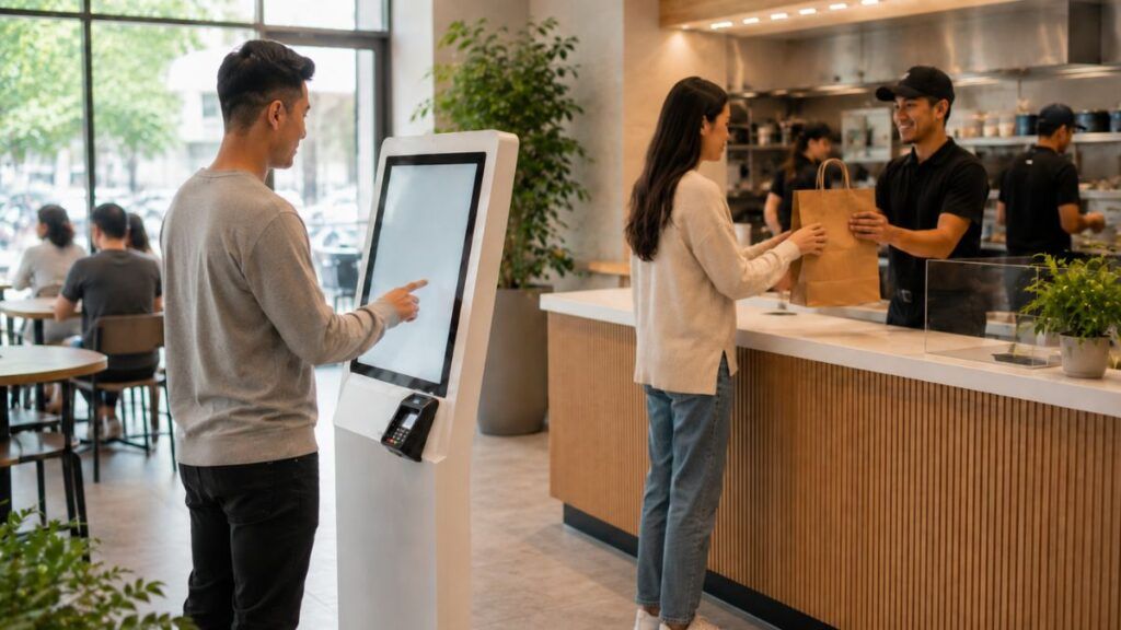 Hombre realizando un pedido en un quiosco self-order mientras una mujer recoge su comida en el mostrador