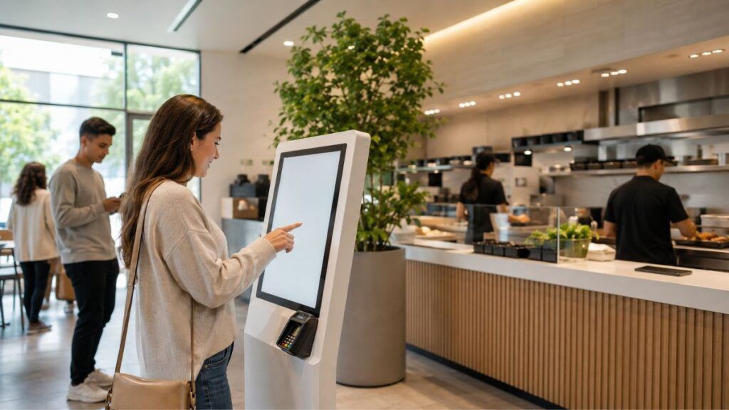 Cliente utilizando un quiosco self-order en un restaurante moderno para agilizar pedidos y reducir colas