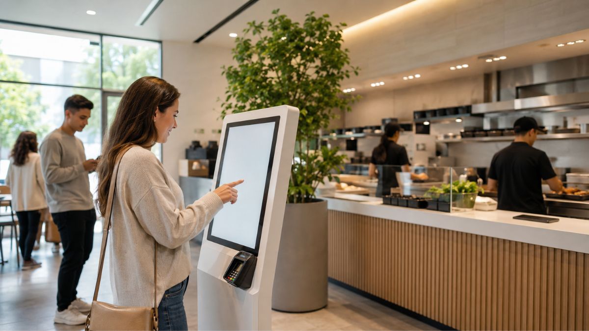 Cliente utilizando un quiosco self-order en un restaurante moderno para agilizar pedidos y reducir colas