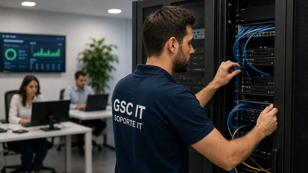 Técnico de soporte IT revisando sistemas y redes de una empresa para mantener su infraestructura informática operativa