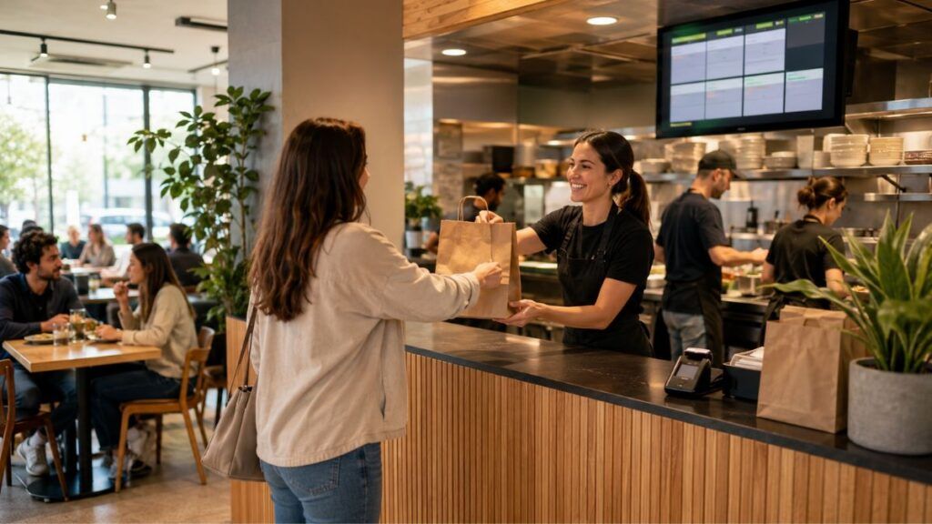 Cliente recogiendo un pedido take away en un restaurante con zona de consumo en local
