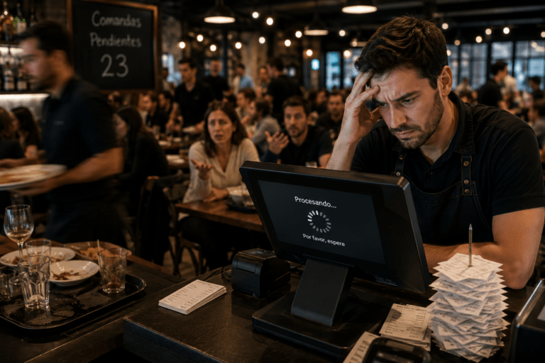 TPV lento durante la hora punta de un restaurante lleno, afectando al ritmo del servicio.
