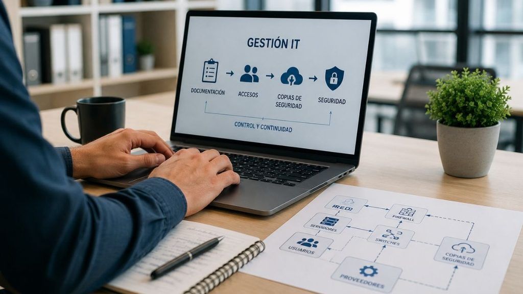 Gestión IT para empresas con documentación de sistemas, control de accesos, copias de seguridad y seguridad informática.