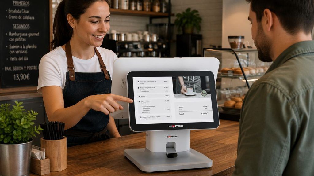 Personal de hostelería utilizando un terminal HIOPOS Cloud para agilizar el servicio y mejorar la gestión del negocio.