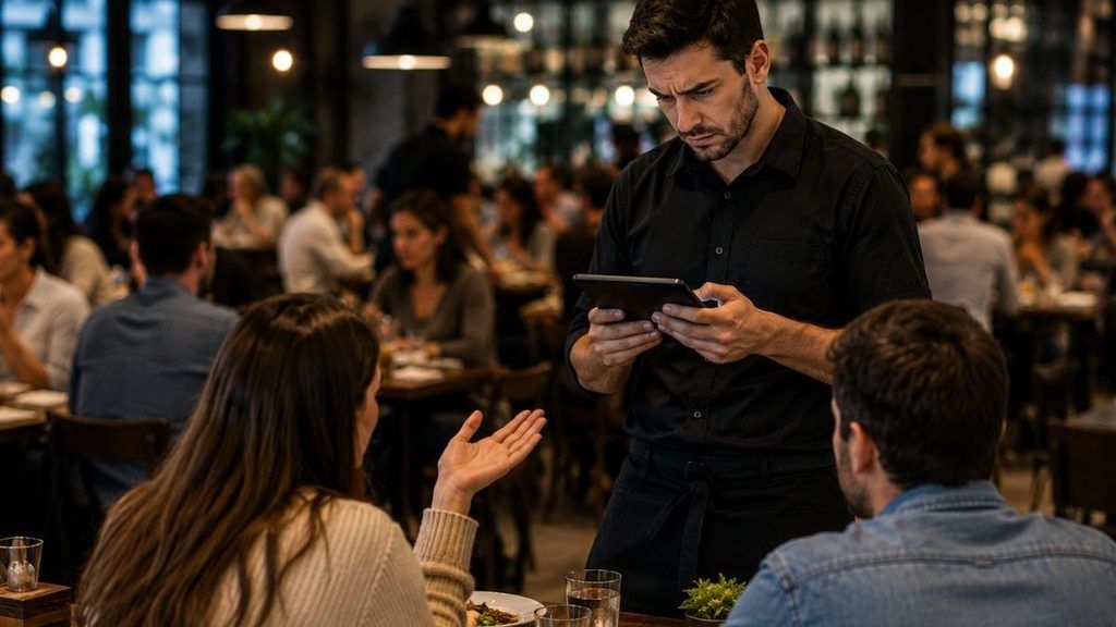 Camarero consultando el TPV mientras unos clientes esperan durante la hora punta de un restaurante.