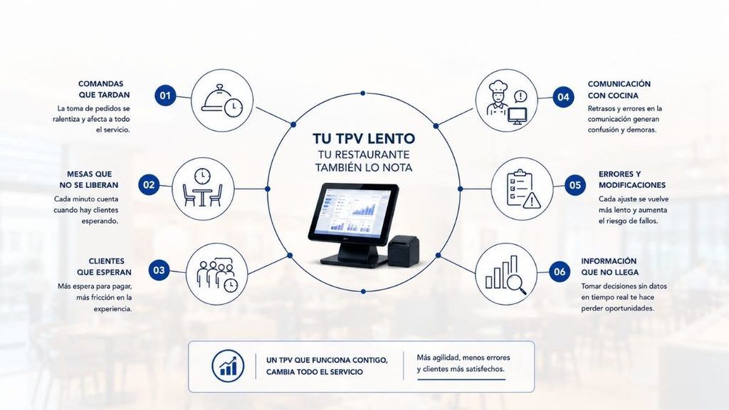 Esquema de seis señales de que un TPV lento puede estar afectando al servicio y la operativa de un restaurante.