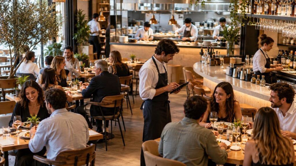 Restaurante moderno en funcionamiento con sala, barra y cocina coordinadas en un entorno de hostelería