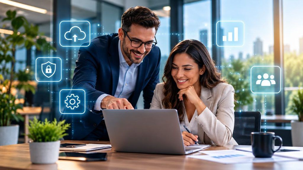Dos profesionales trabajando con un ordenador portátil en una oficina, con iconos de ciberseguridad, cloud y automatización que representan la transformación digital para empresas.