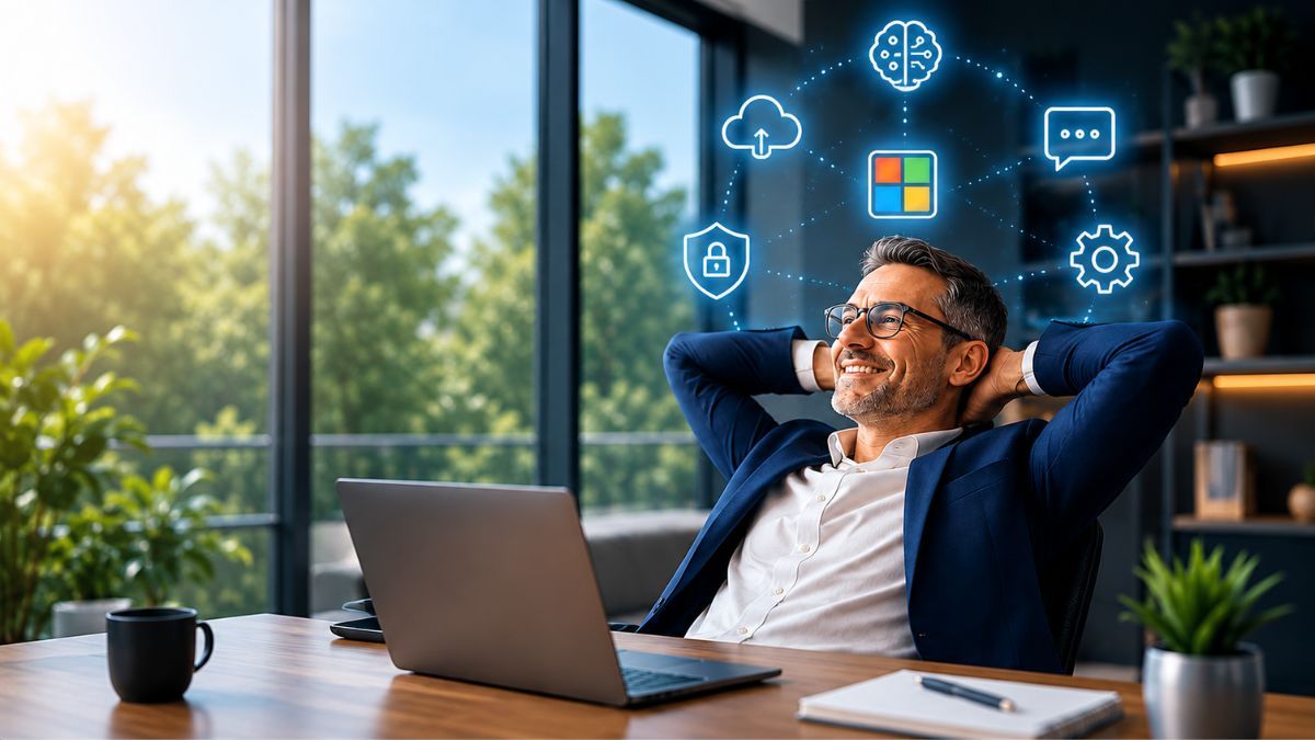 Profesional en una oficina moderna rodeado de iconos de inteligencia artificial, ciberseguridad, cloud y automatización, que representan la transformación digital para empresas.